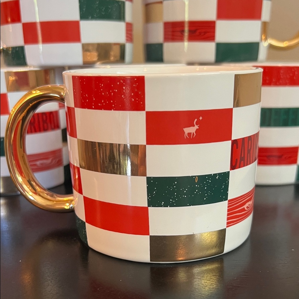Caribou Coffee Patchwork 2022 Gold Handle Mugs - Set of 6 NWT - Picture 5 of 11